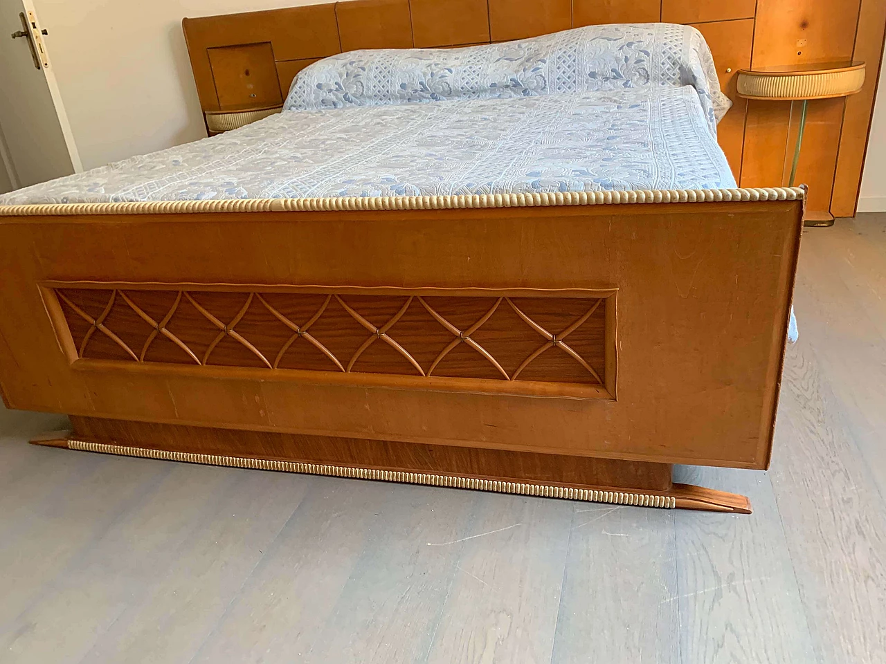 Art Deco bed with hanging nightstands and lamps, 1930s 8