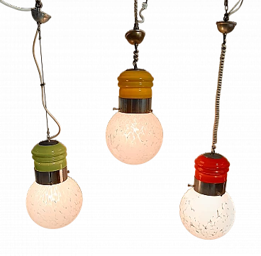 3 Lampadari a forma di lampadina in vetro di Murano, anni '70