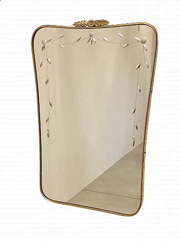 Mirror with engraved decoration and brass frame, 1950s