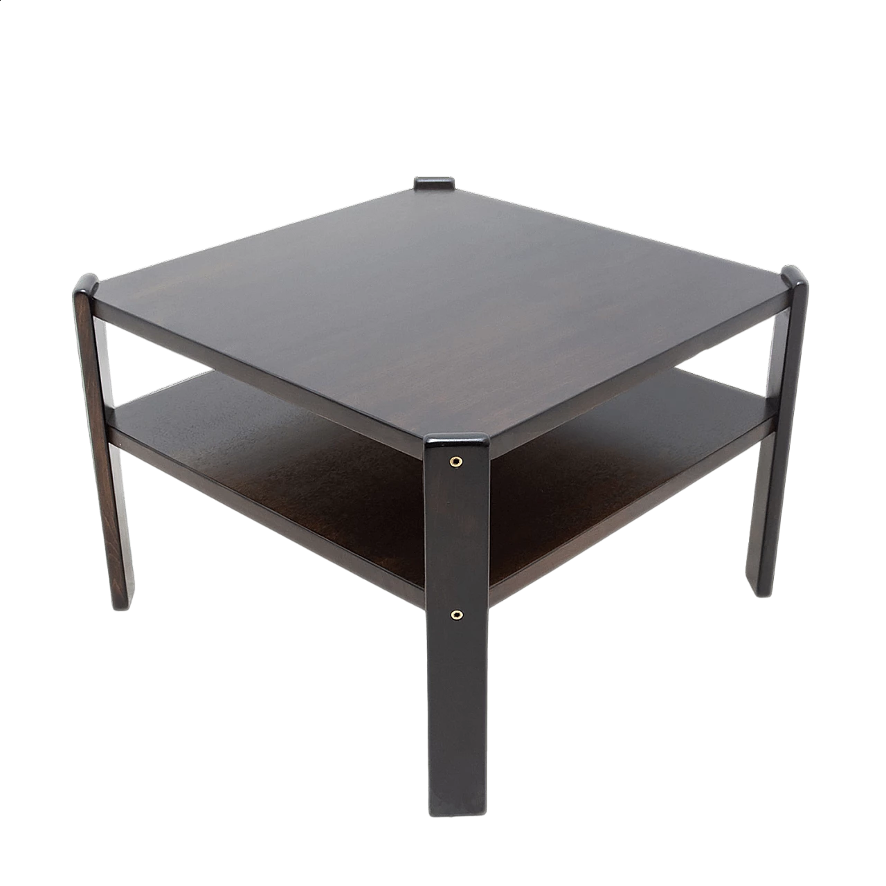 Tavolino quadrato con doppio ripiano in faggio tinto scuro, anni '80 15