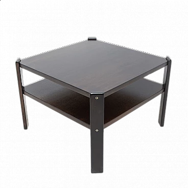 Tavolino quadrato con doppio ripiano in faggio tinto scuro, anni '80