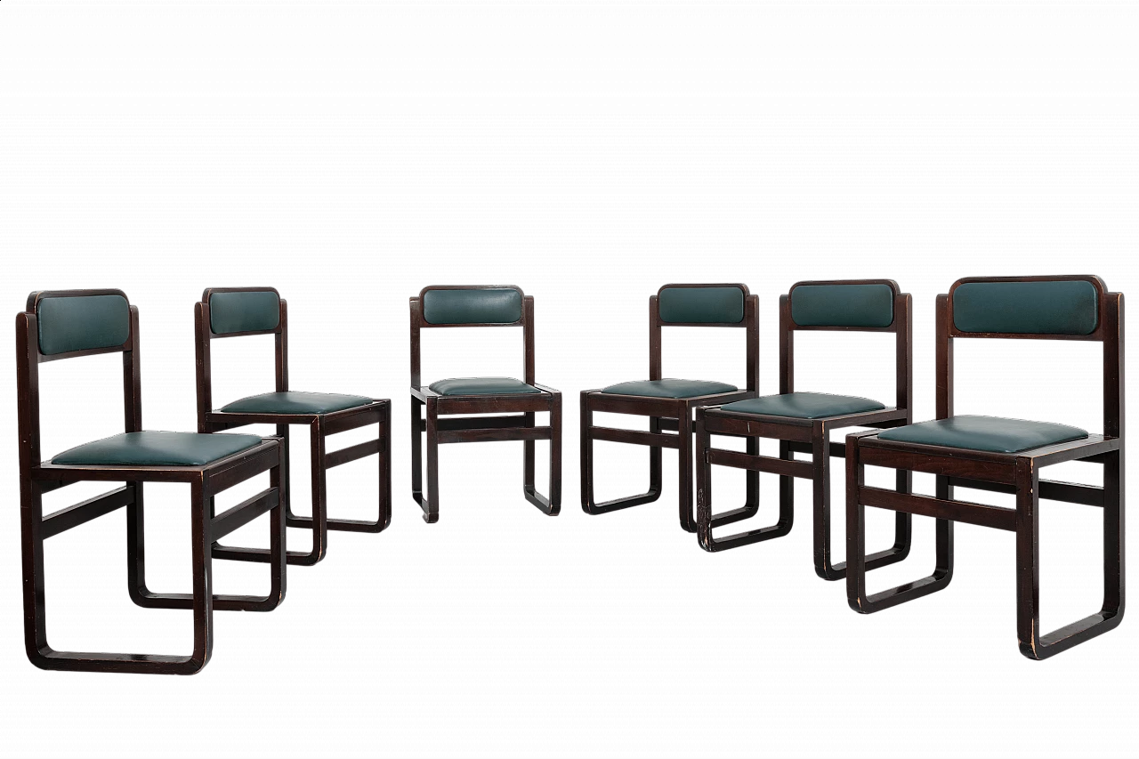 6 Chairs in walnut and green skai, 1960s 8