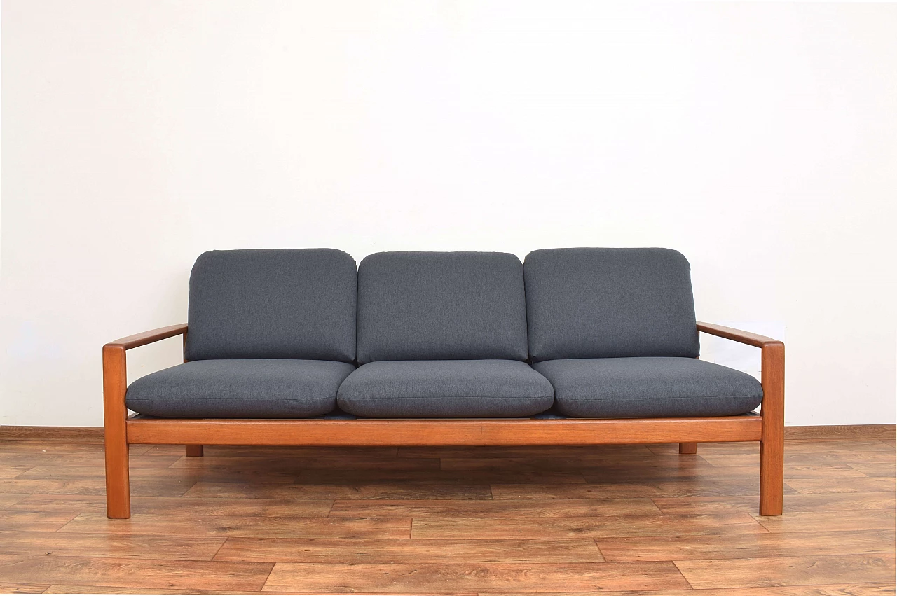 Three-seater solid teak and fabric sofa, 1970s 1