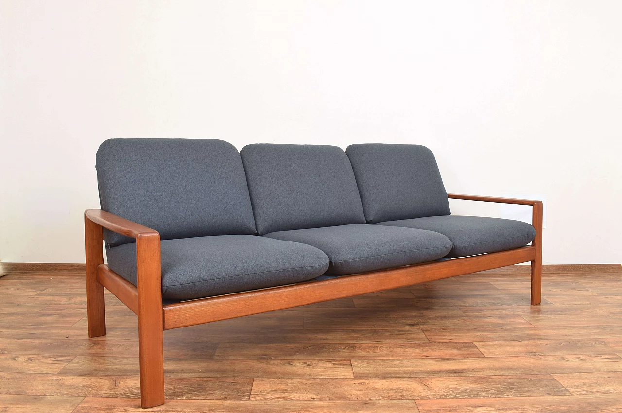 Three-seater solid teak and fabric sofa, 1970s 2