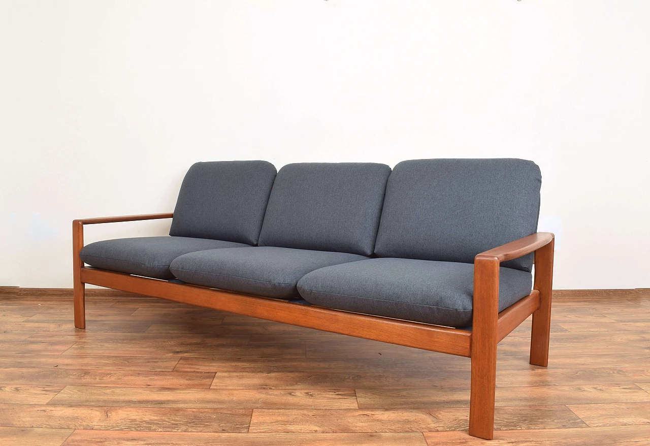 Three-seater solid teak and fabric sofa, 1970s 3