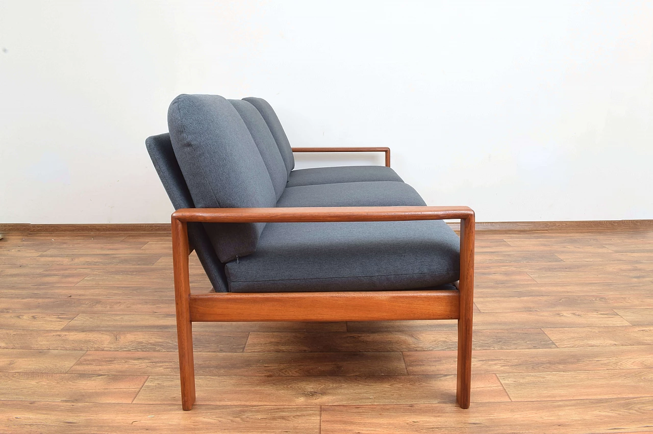Three-seater solid teak and fabric sofa, 1970s 4