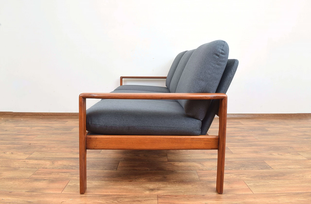 Three-seater solid teak and fabric sofa, 1970s 5