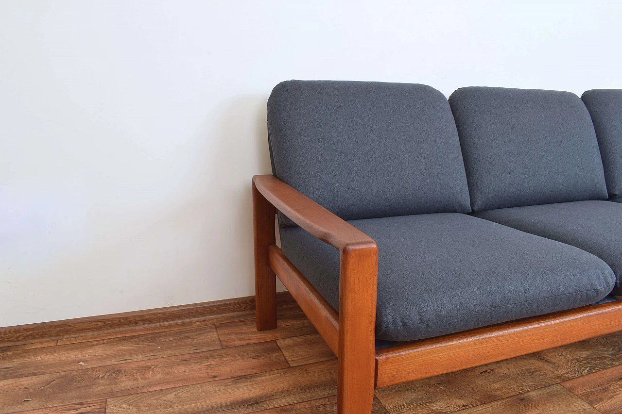 Three-seater solid teak and fabric sofa, 1970s 10