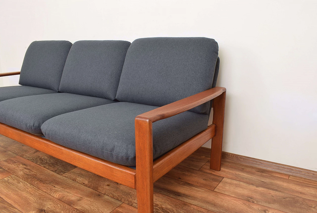 Three-seater solid teak and fabric sofa, 1970s 11