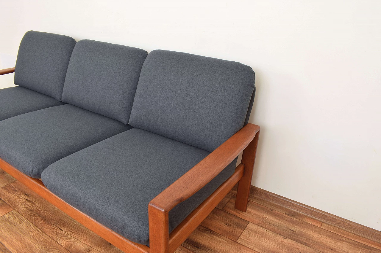 Three-seater solid teak and fabric sofa, 1970s 12