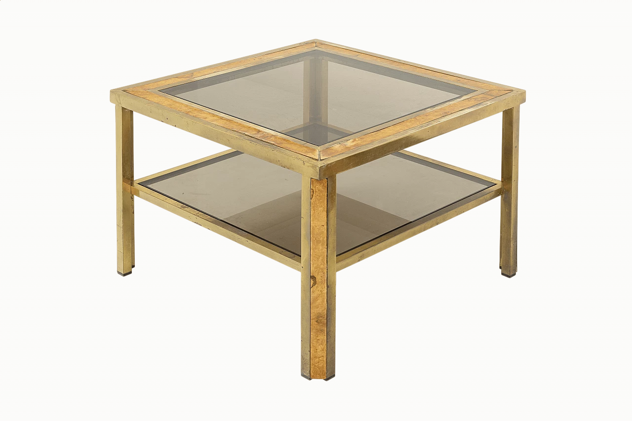 Square coffee table with two shelves in brass, briarwood and glass, 1970s 10