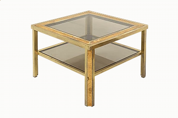 Tavolino quadrato a due ripiani in ottone, radica e vetro, anni '70