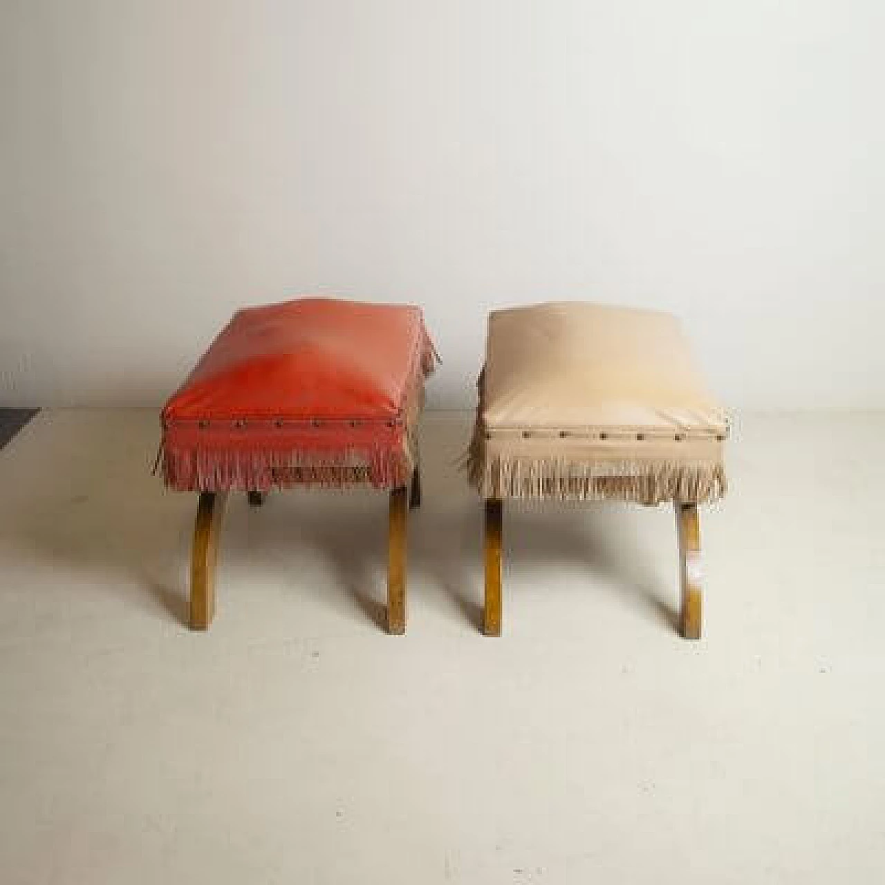 Pair of wooden and fabric stools in the style of Gio Ponti, 1940s 4