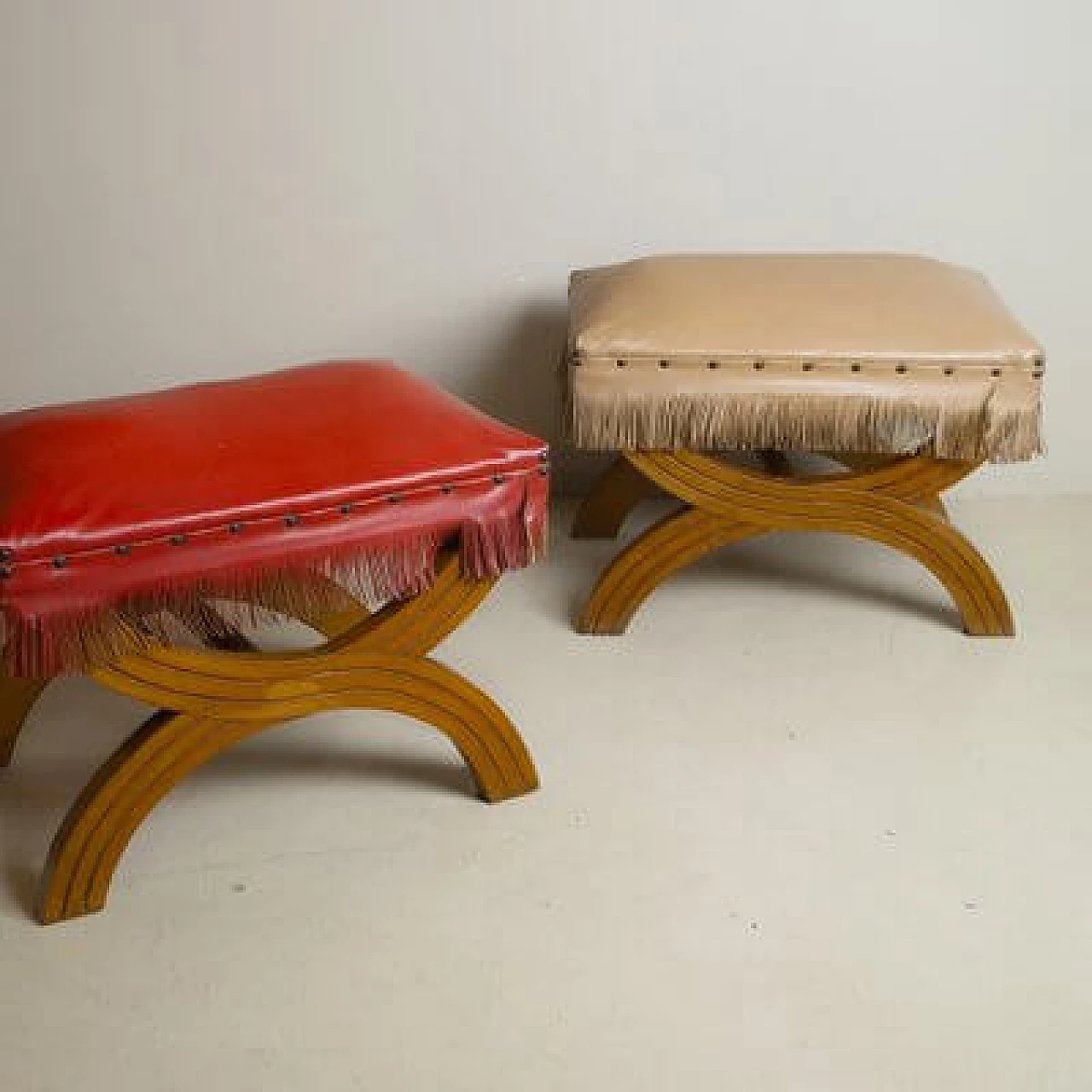 Pair of wooden and fabric stools in the style of Gio Ponti, 1940s 5