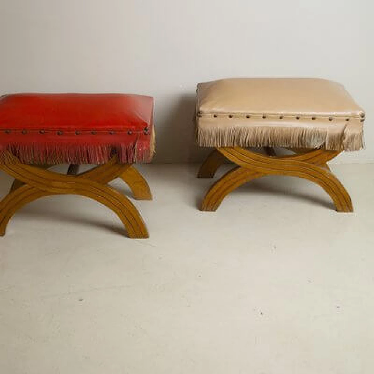 Pair of wooden and fabric stools in the style of Gio Ponti, 1940s 8