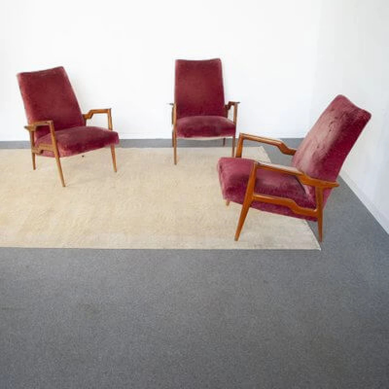 3 Wood and velvet armchairs attributed to Ico and Luisa Parisi, 1950s 2