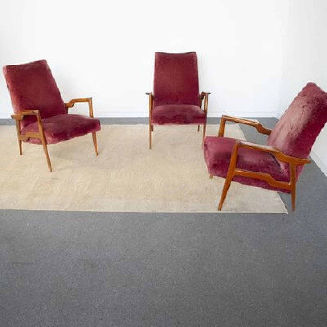 3 Wood and velvet armchairs attributed to Ico and Luisa Parisi, 1950s 6
