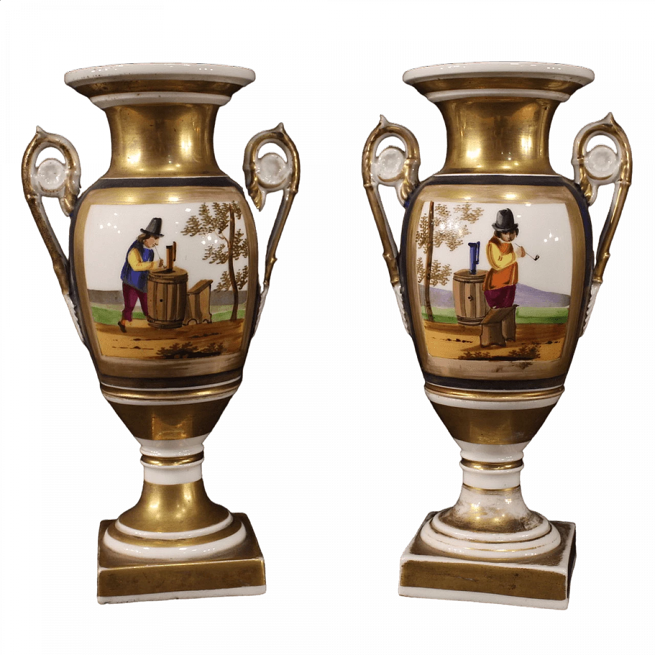 Coppia di vasi Impero in ceramica dipinta a mano, seconda metà '800 13
