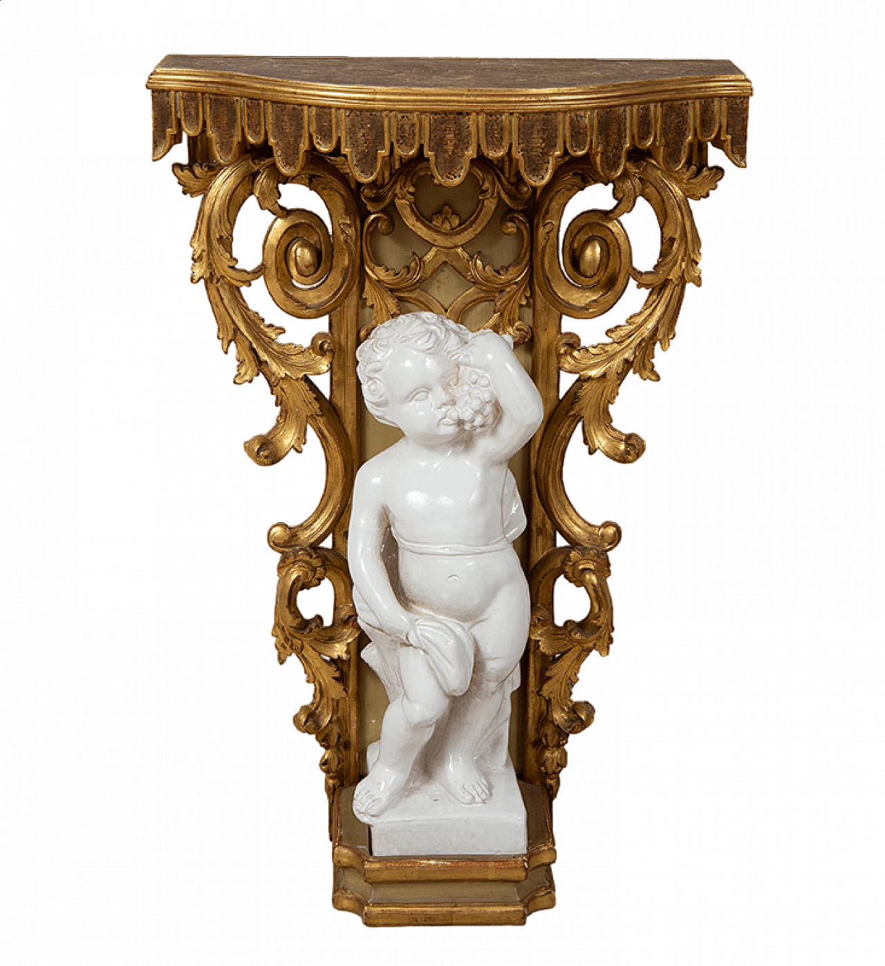 Carved wooden console table with glazed ceramic putto, early 20th century 5