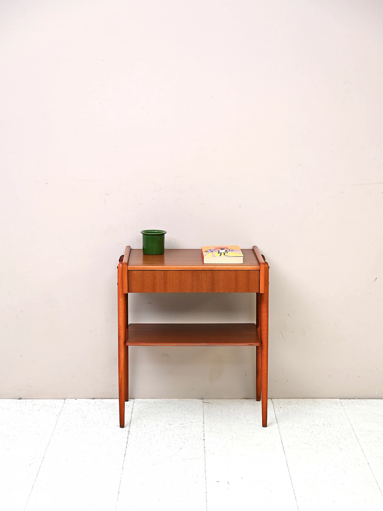 Teak bedside table with double shelf, 1950s 1