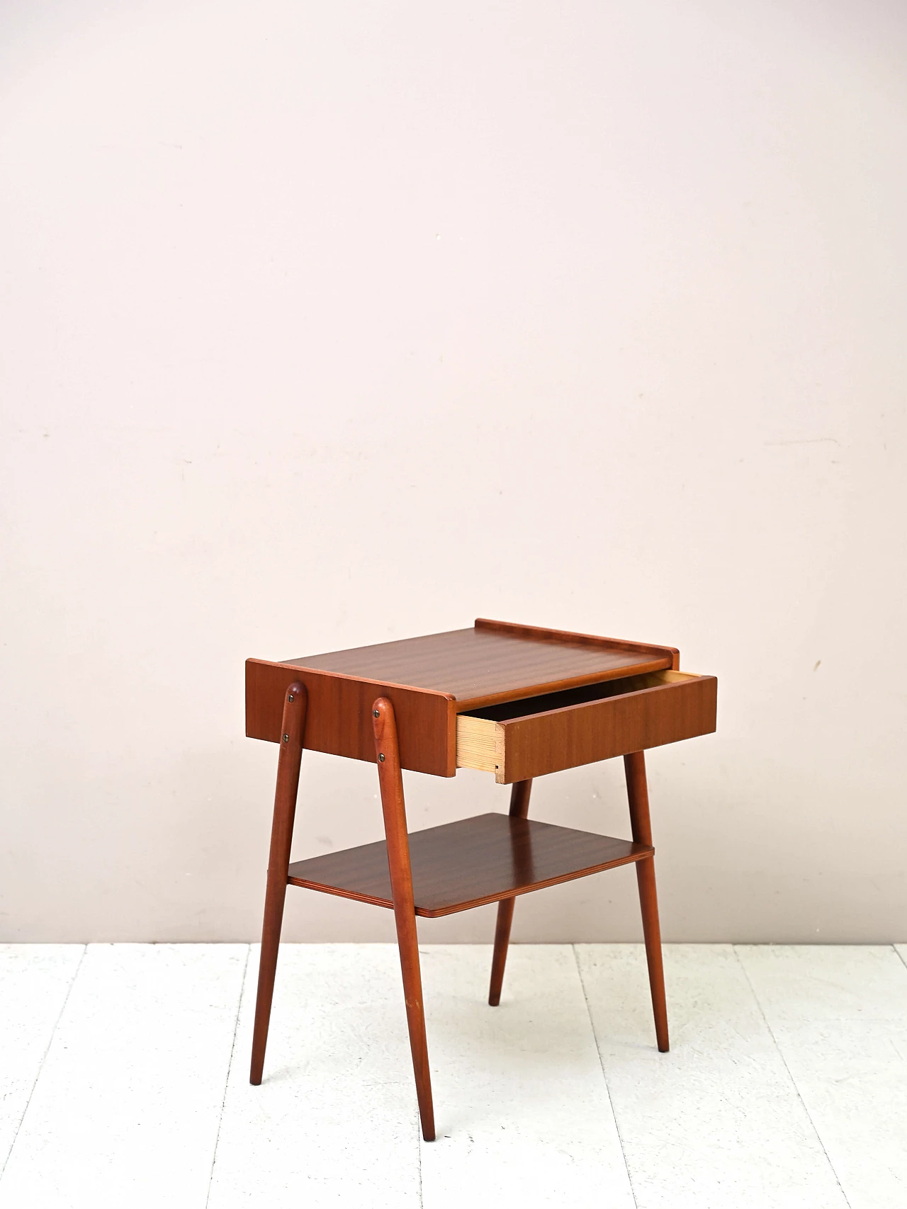 Teak bedside table with double shelf, 1950s 4