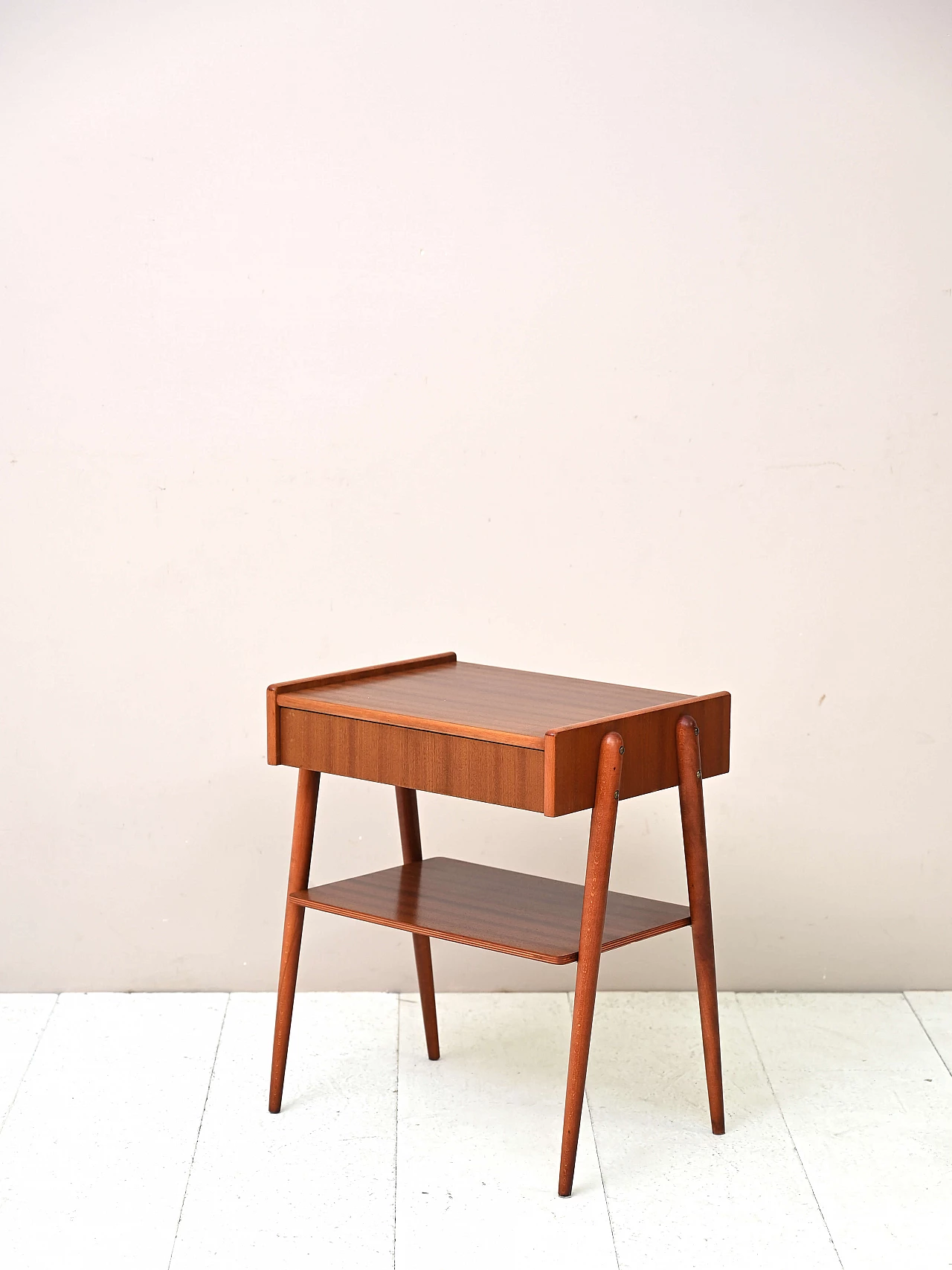 Teak bedside table with double shelf, 1950s 5