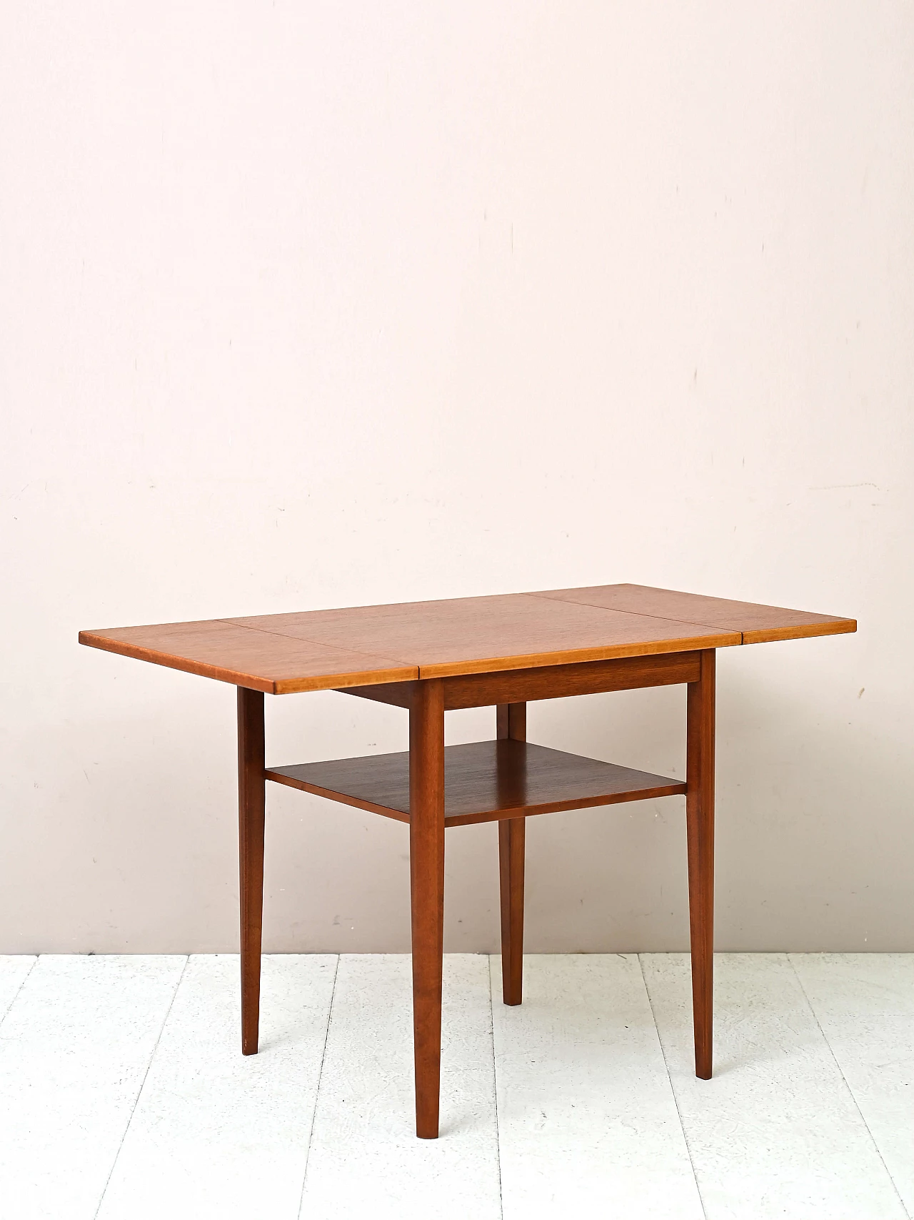 Extendable wood side table with double shelf, 1960s 4