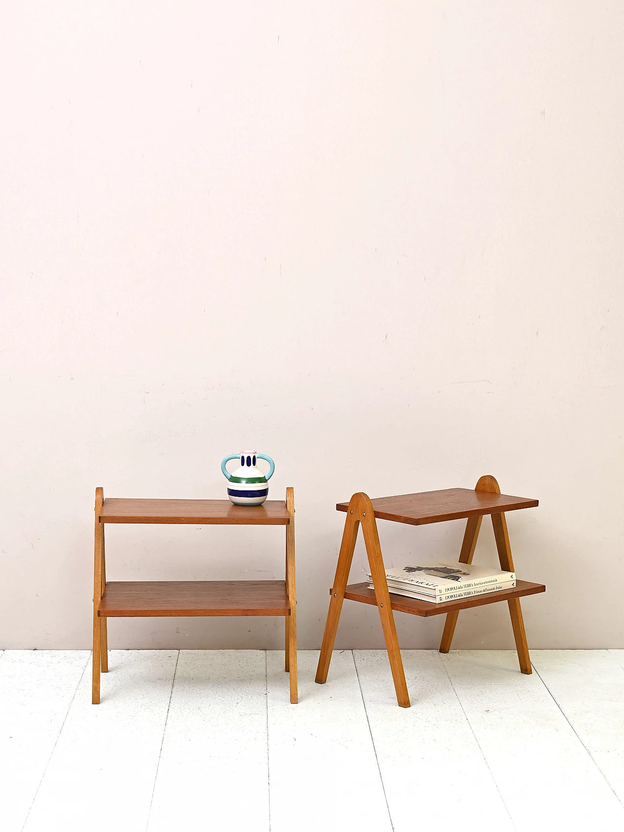 Pair of wood side tables with double shelf, 1950s 1