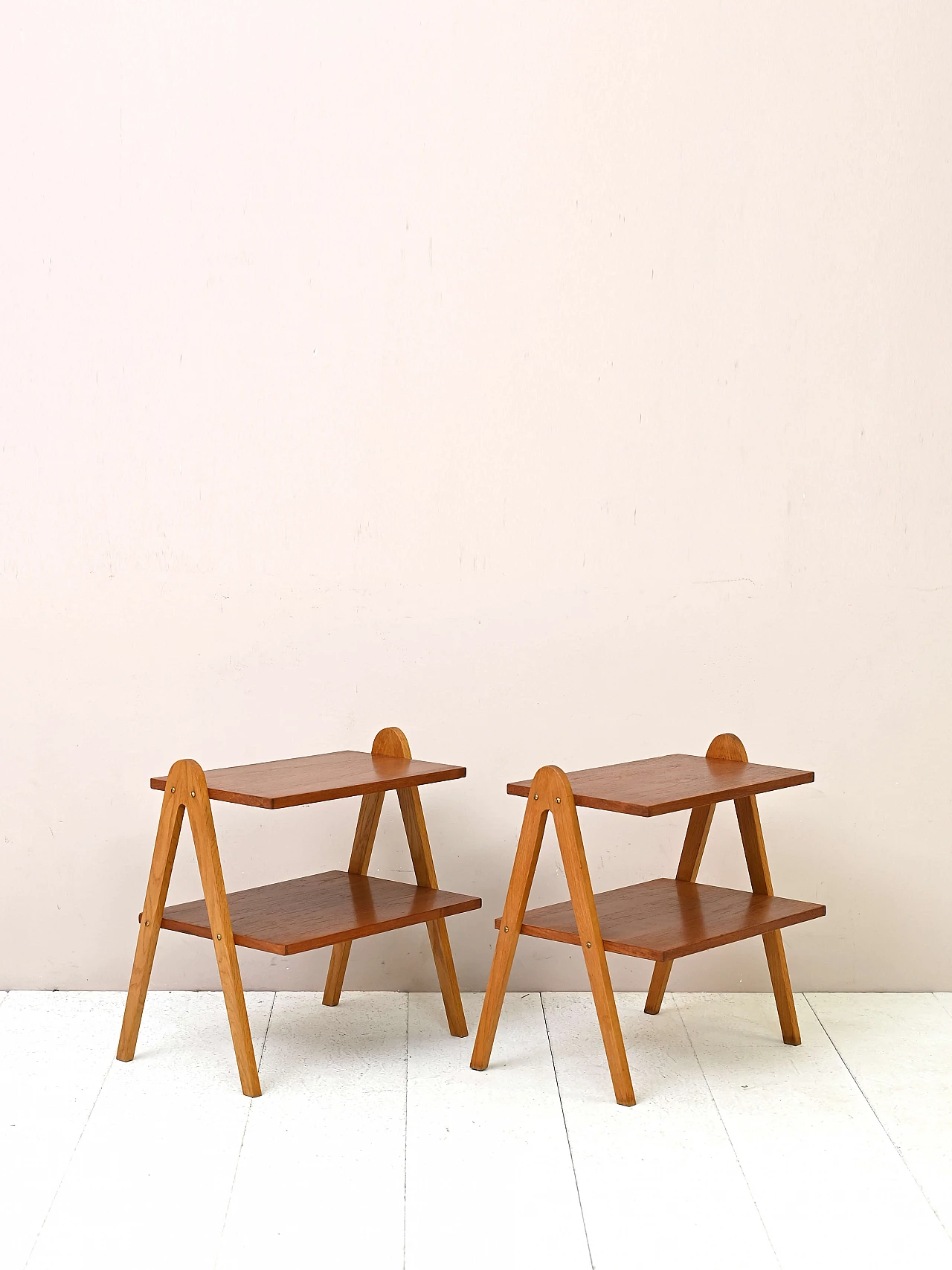 Pair of wood side tables with double shelf, 1950s 4