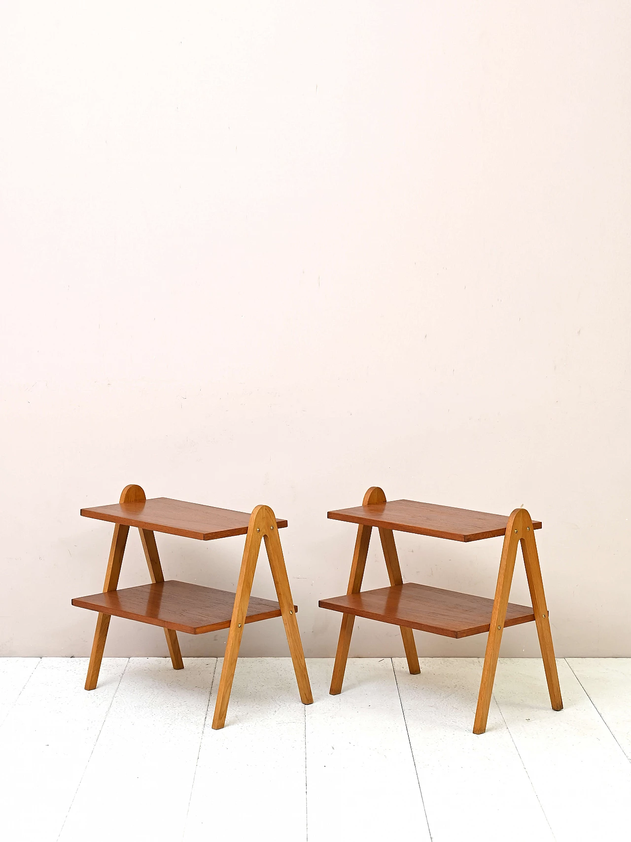 Pair of wood side tables with double shelf, 1950s 5