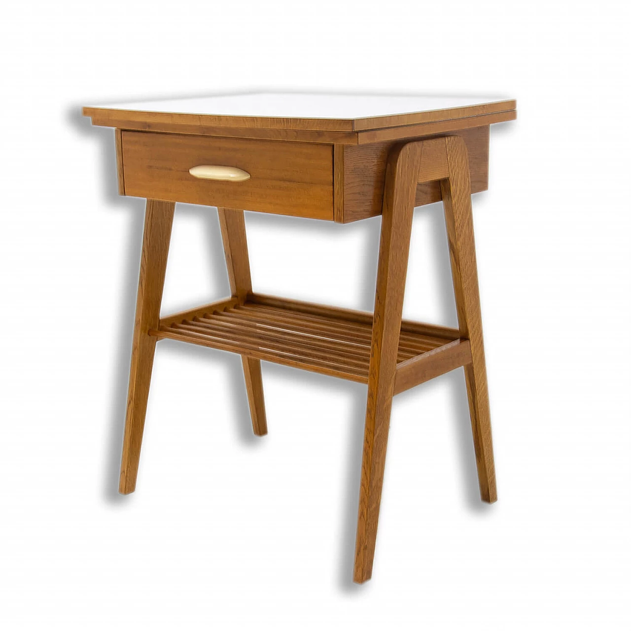 Tavolino in legno con portariviste e cassetto, anni '60 1
