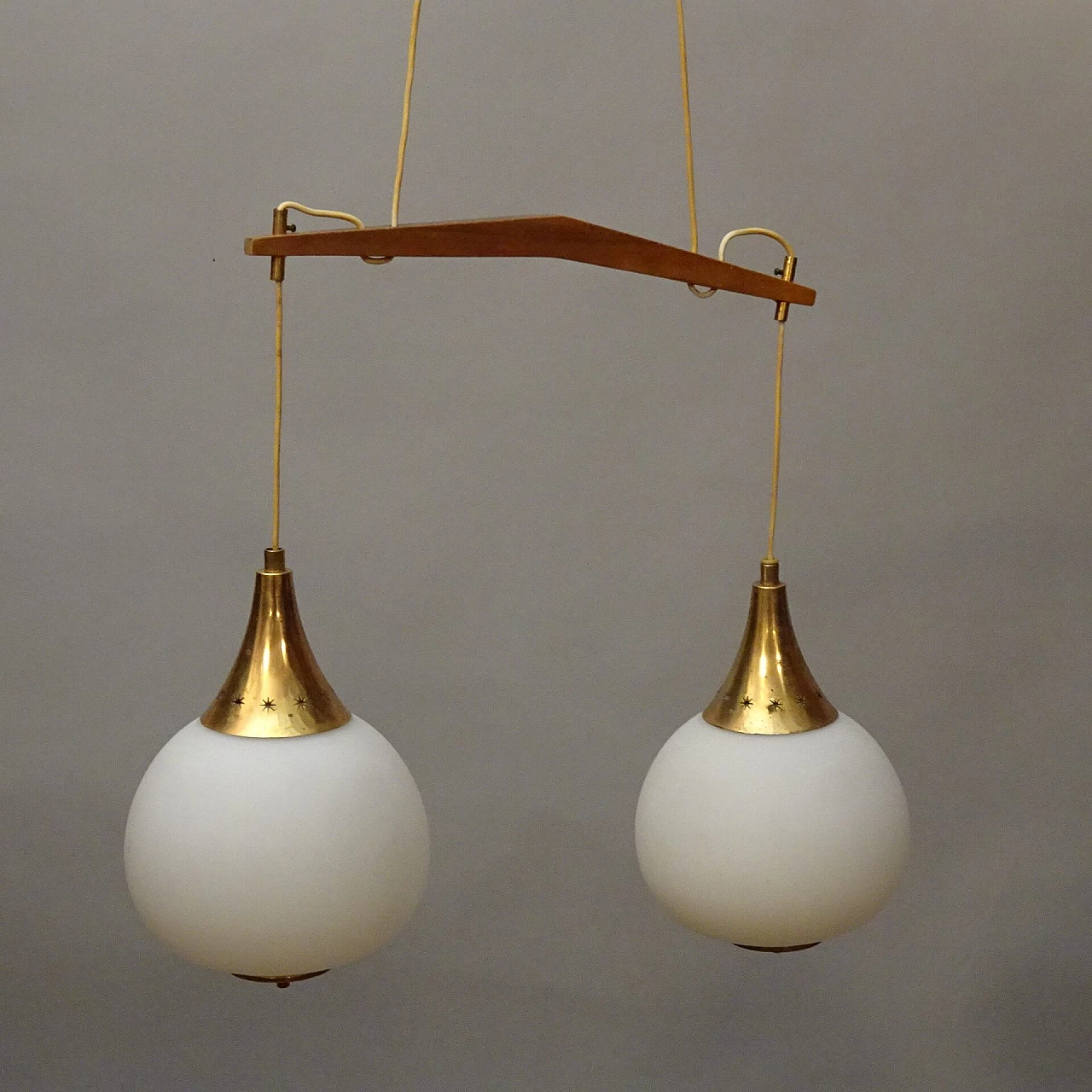 Two-light chandelier with opaline glass diffusers for Stilnovo, 1950s 1