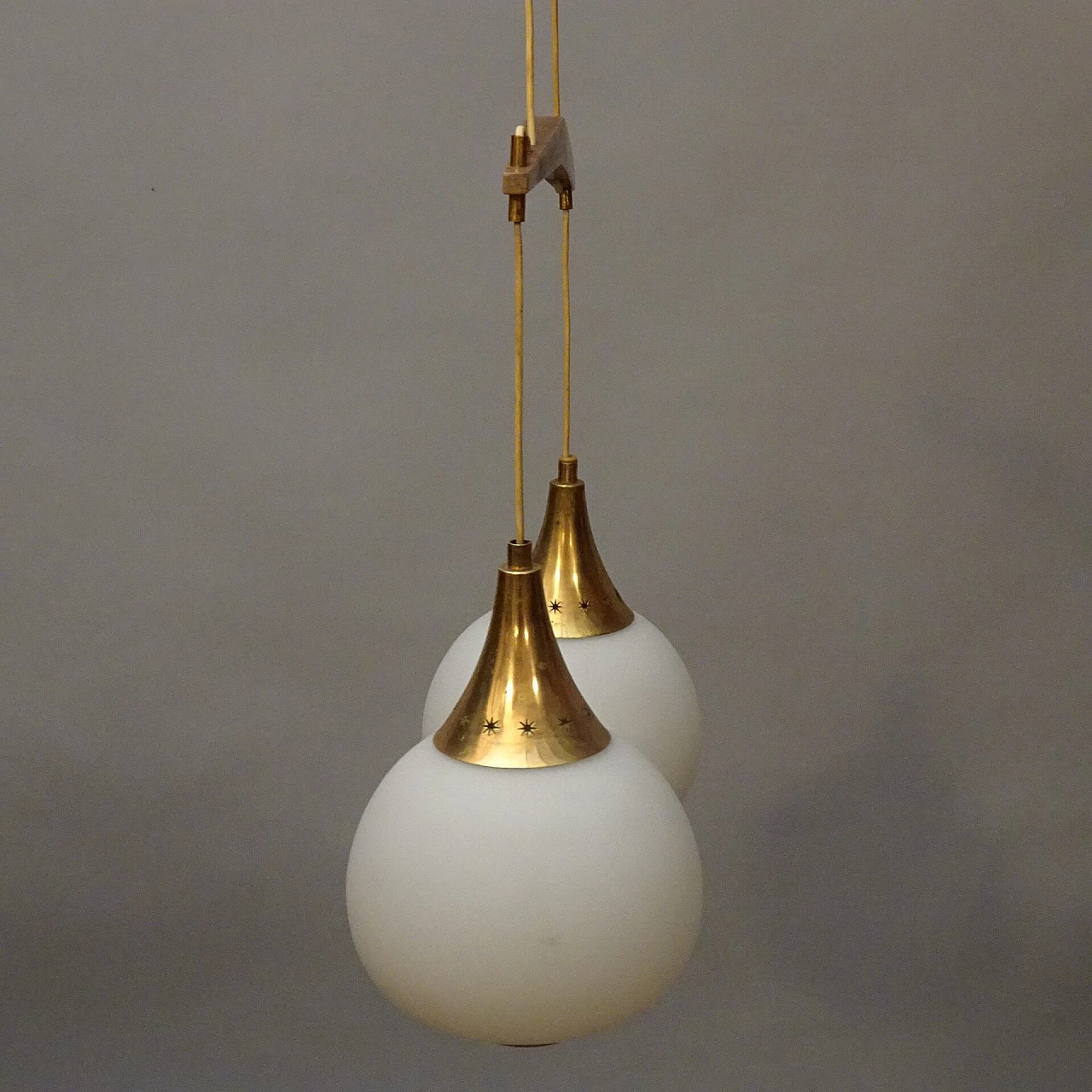 Two-light chandelier with opaline glass diffusers for Stilnovo, 1950s 3