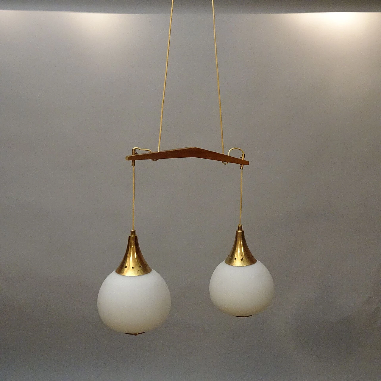 Two-light chandelier with opaline glass diffusers for Stilnovo, 1950s 7