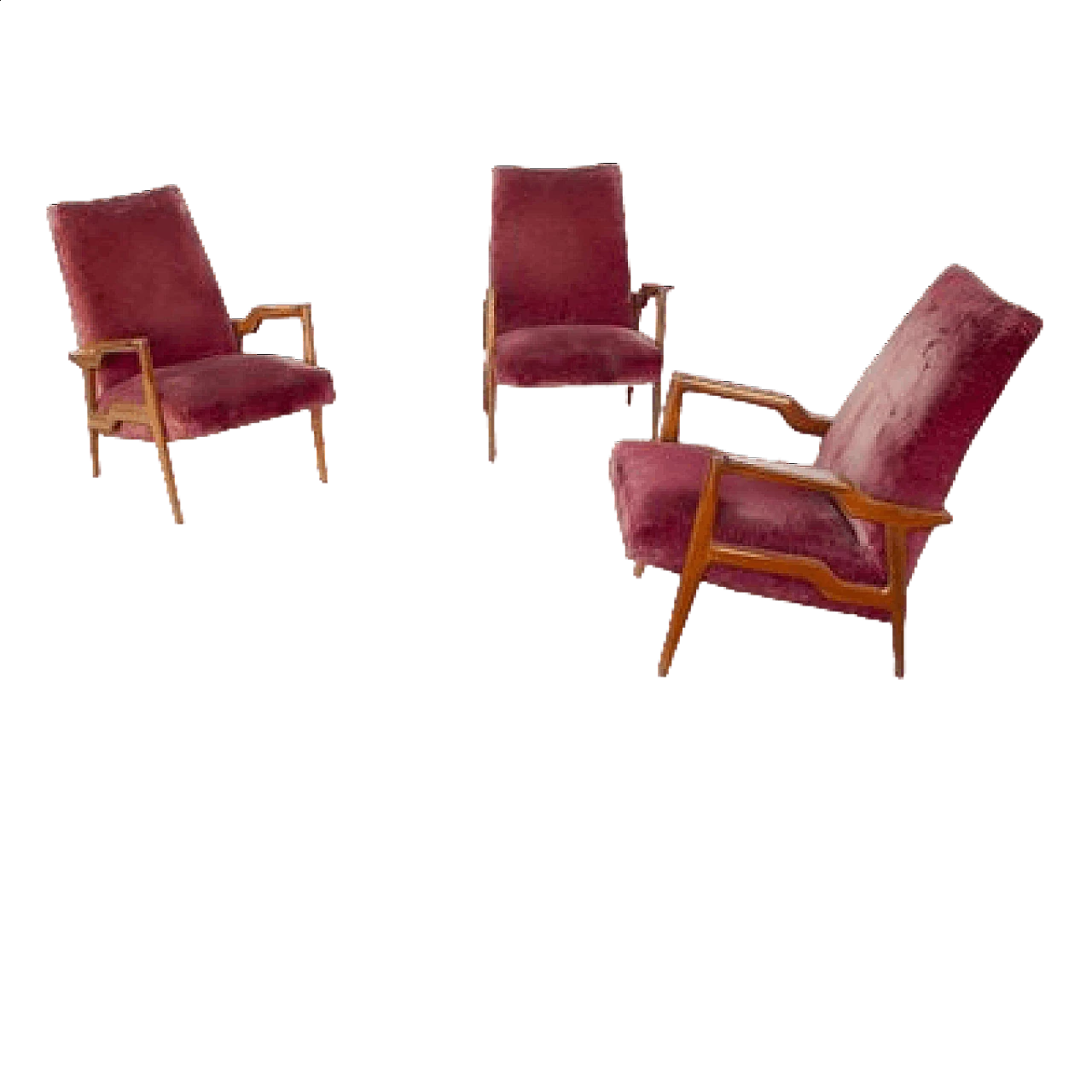 3 Wood and velvet armchairs attributed to Ico and Luisa Parisi, 1950s 7