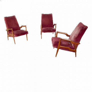 3 Wood and velvet armchairs attributed to Ico and Luisa Parisi, 1950s