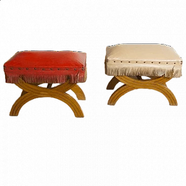Pair of wooden and fabric stools in the style of Gio Ponti, 1940s