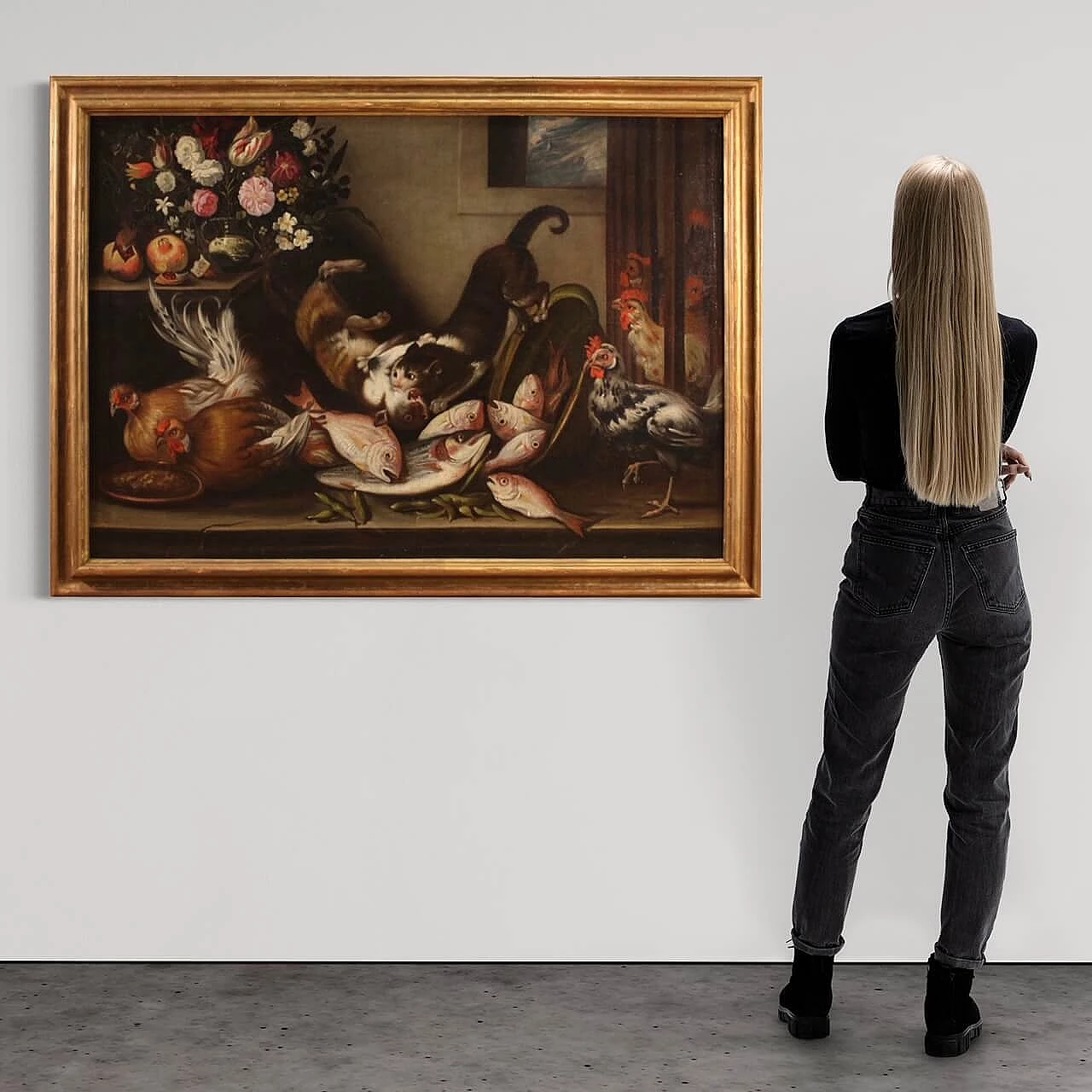 Natura morta con animali, fiori e frutta, dipinto a olio su tela, '600 3