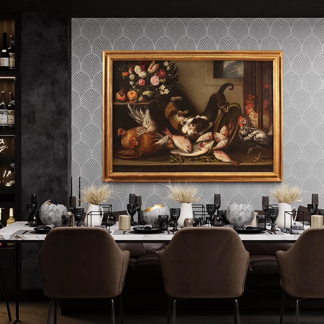 Natura morta con animali, fiori e frutta, dipinto a olio su tela, '600 14