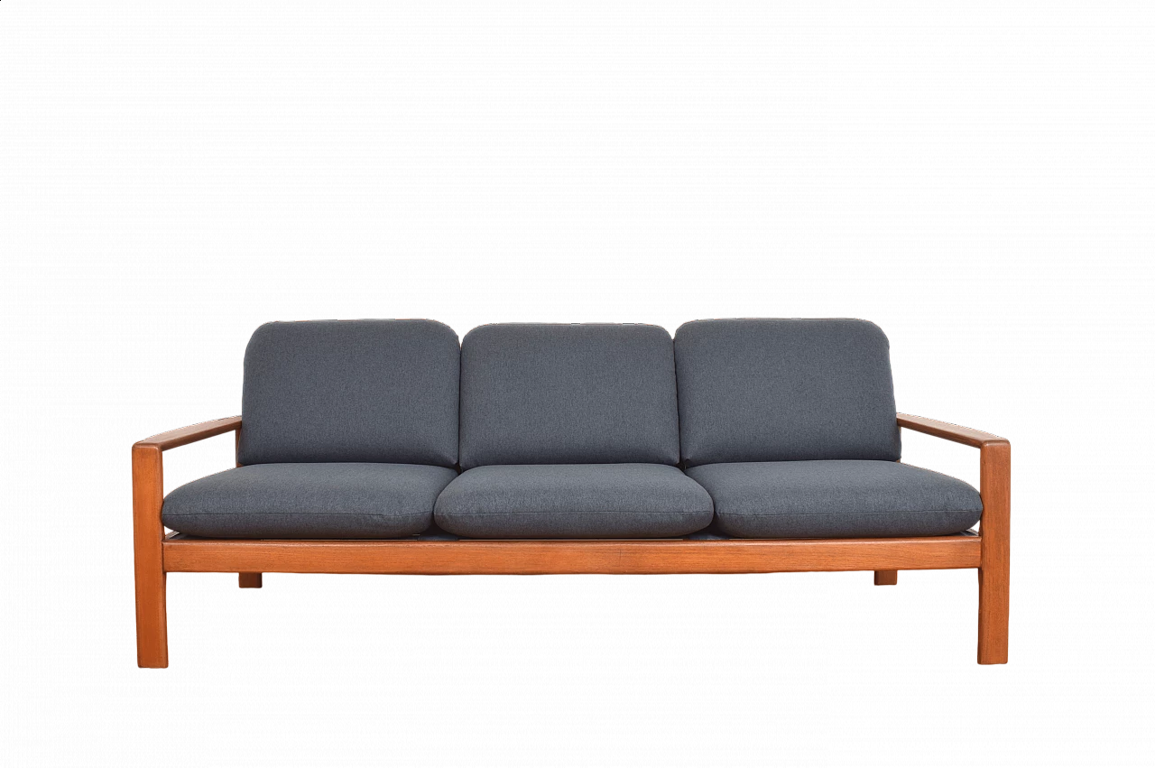 Three-seater solid teak and fabric sofa, 1970s 14