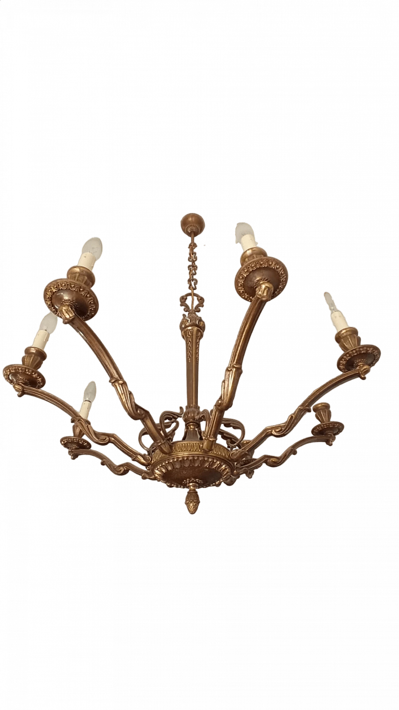 Bergere eight-light brass chandelier in Napoleon III style, 1970s 7