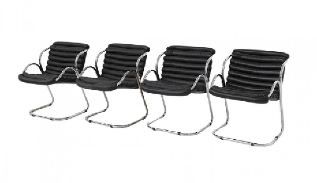 4 Chairs in chromed steel and black leather, 1960s 1