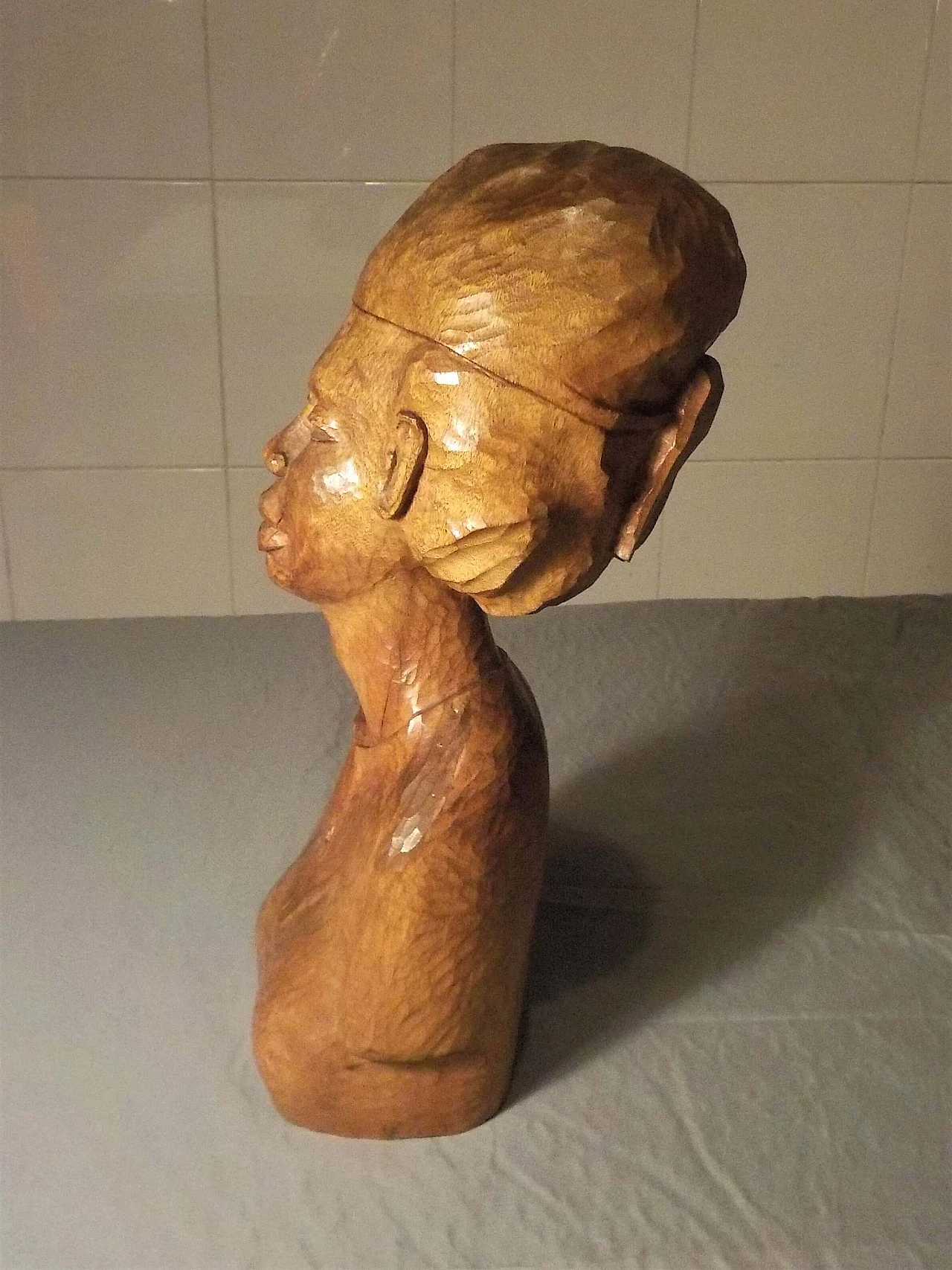 Hand-carved wooden bust sculpture of a woman, 1982 2