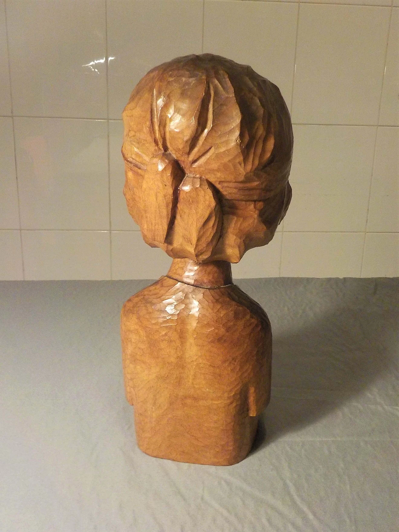 Hand-carved wooden bust sculpture of a woman, 1982 3