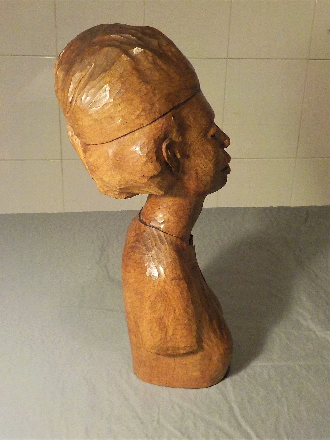 Hand-carved wooden bust sculpture of a woman, 1982 4