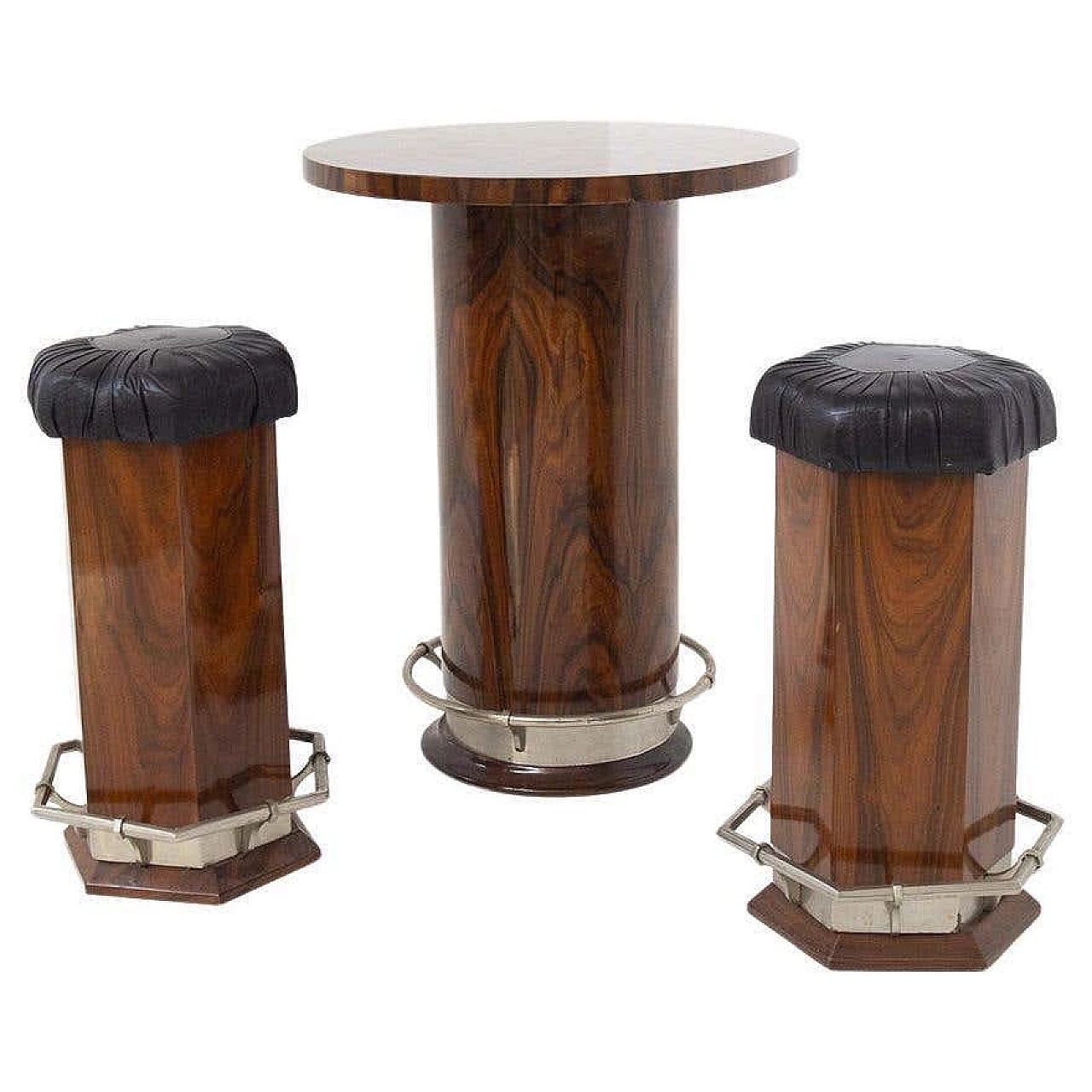 Tavolo rotondo e coppia di sgabelli in legno attribuiti a Osvaldo Borsani, anni '50 10