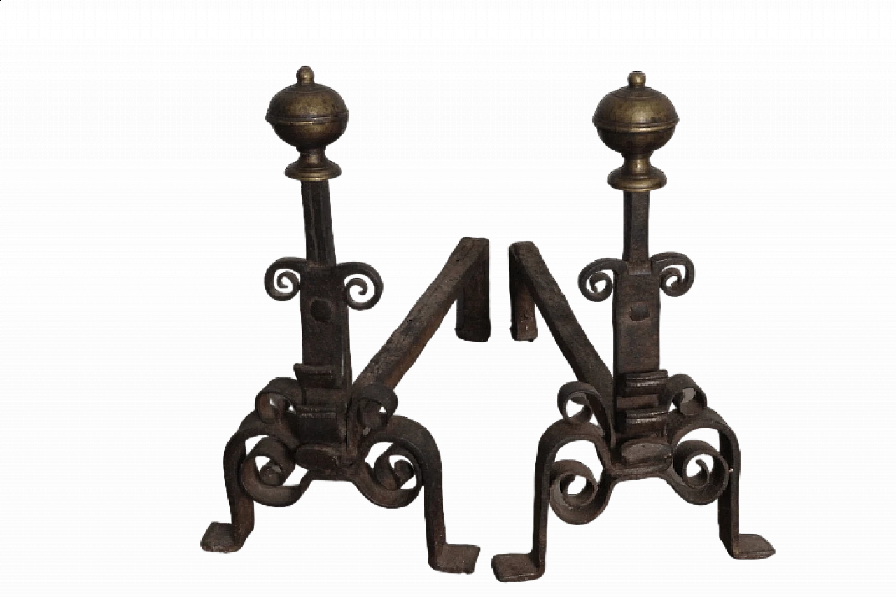 Pair of iron and brass fireplace andirons, 18th century 15