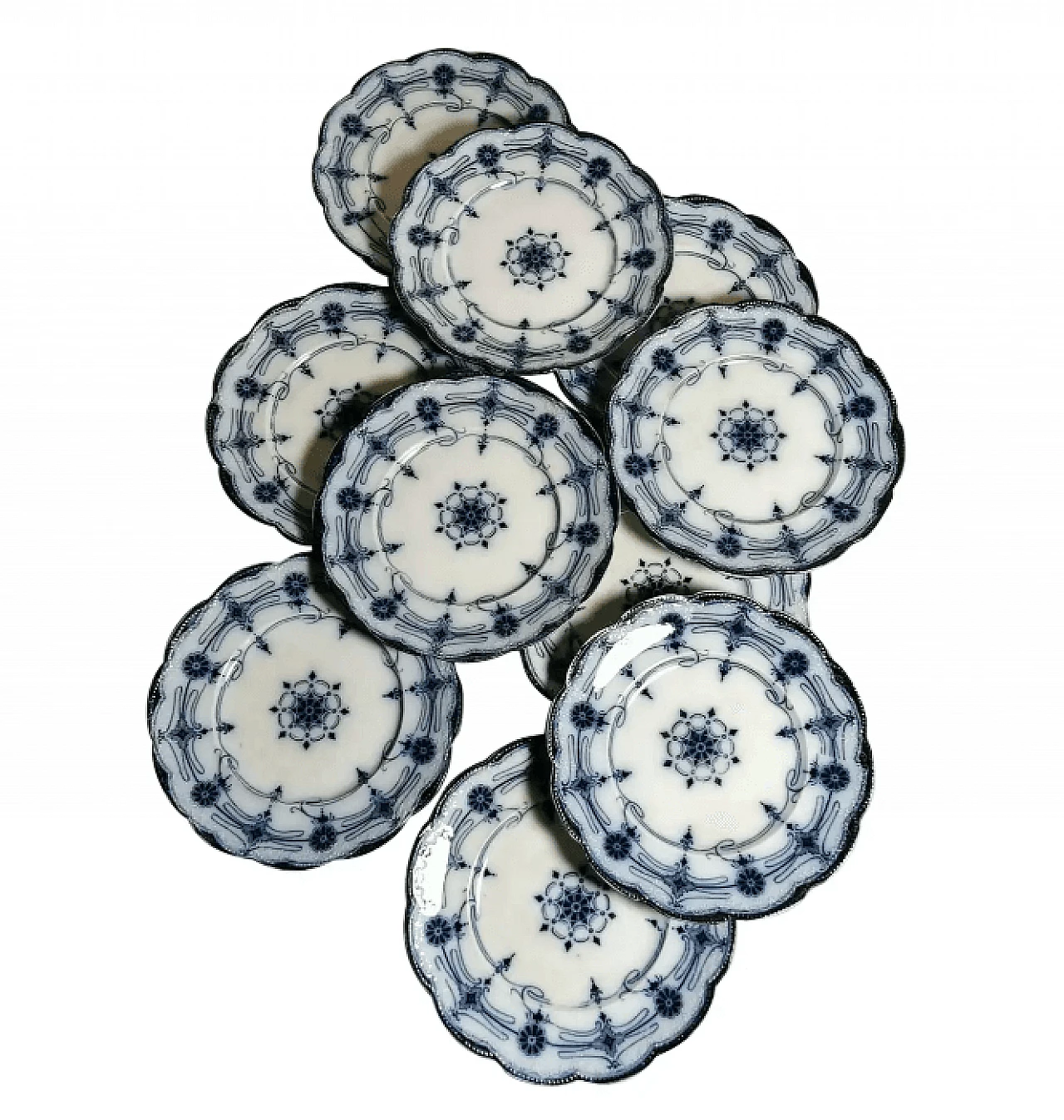 10 Piatti da dessert Burleigh con decorazione transferware blu, primo '900 1