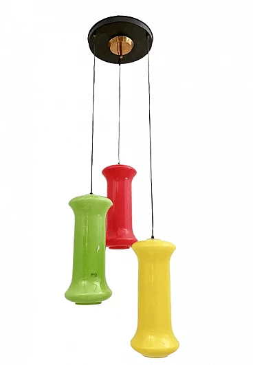 Three-light chandelier in red, yellow and green flashed glass by Vistosi, 1950s