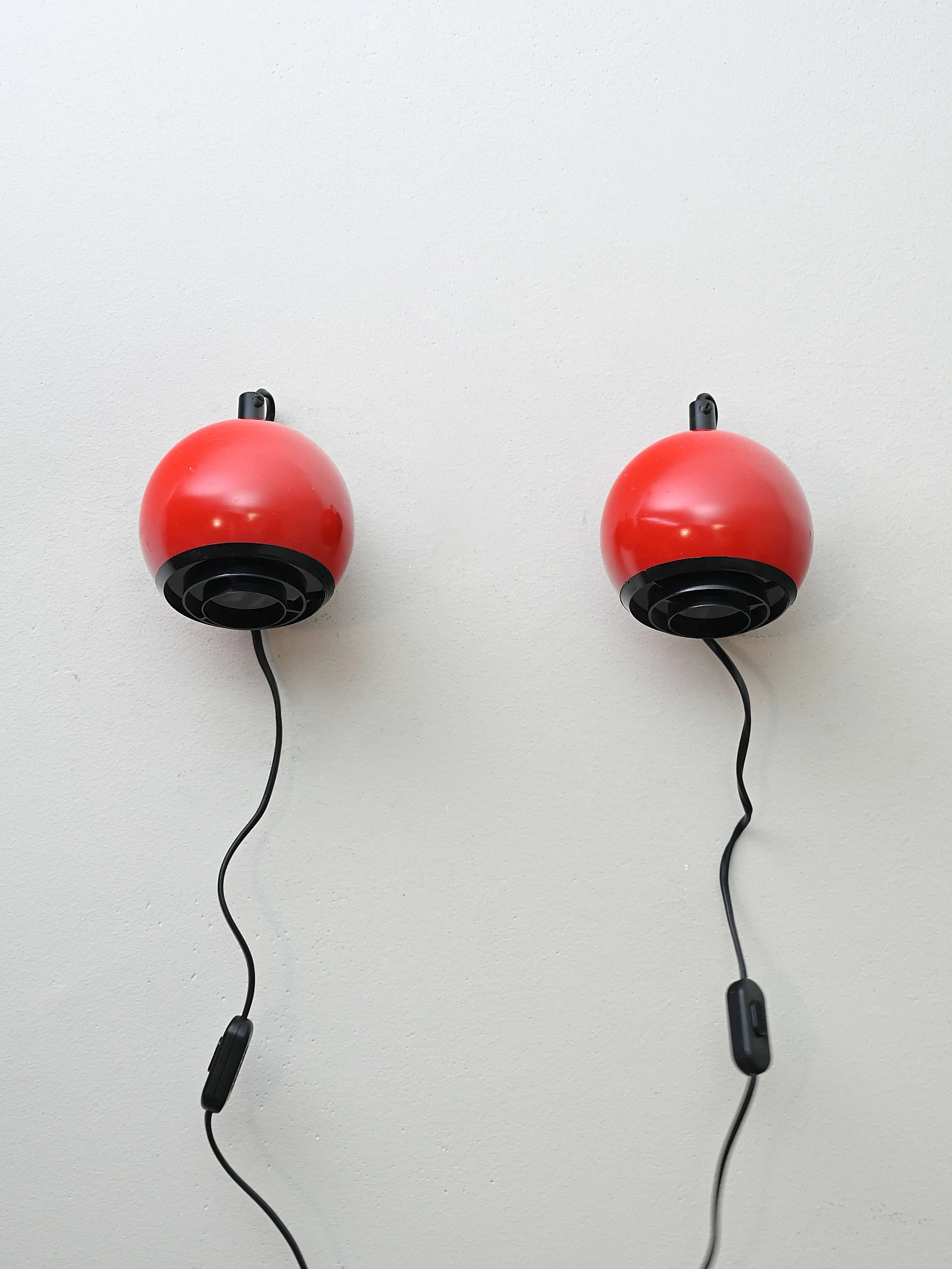 Pair of red metal and plastic wall lights, 1960s 1
